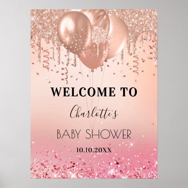 Välkommen till Baby Shower rosa ros guld glitter Poster (Framsidan)