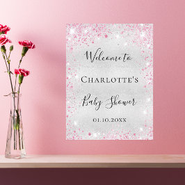 Välkommen till Baby Shower silver rosa glitter  Poster