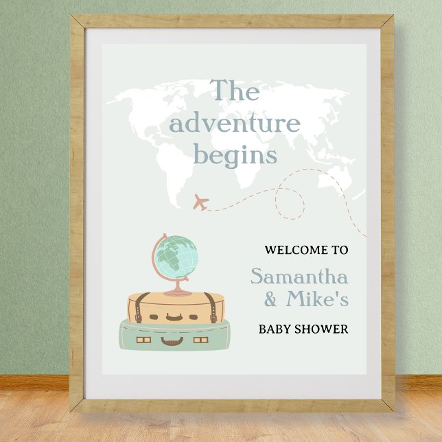 Välkommen till babybabyduschen i äventyr börjar på poster (Adventure Begins World Map Baby Shower Welcome Poster)