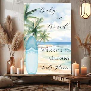 Välkommen till babyduschen för baby på surfboard poster
