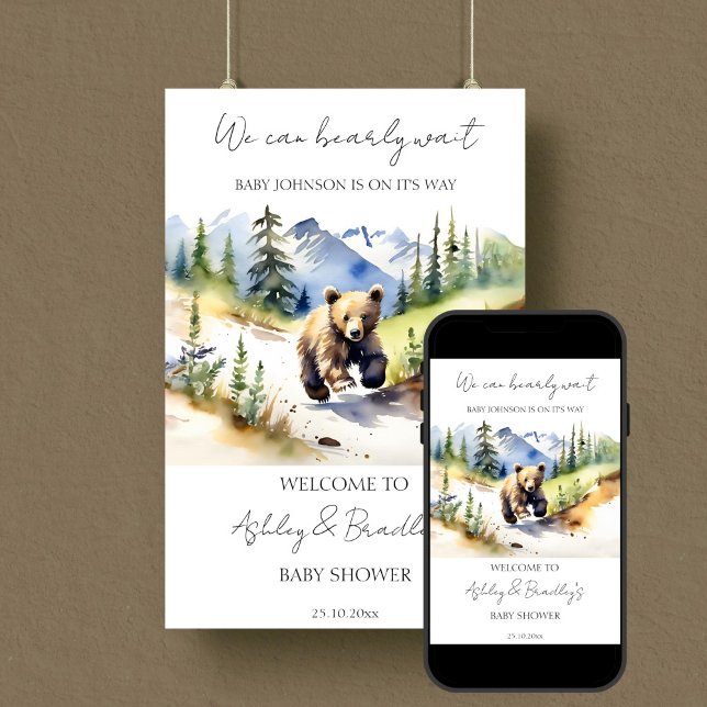 Välkommen till babyduschen i äventyr poster (Bearly wait national parks bear themed baby shower welcome sign editable template poster download )