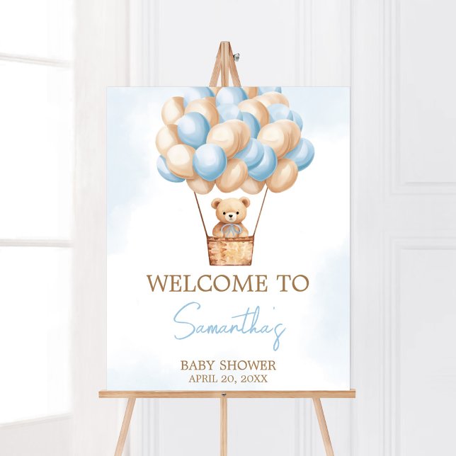 Välkommen till Barly Wait Blue Luftballong Baby Poster (Boy Baby Bear Balloons Baby Shower Welcome Sign)