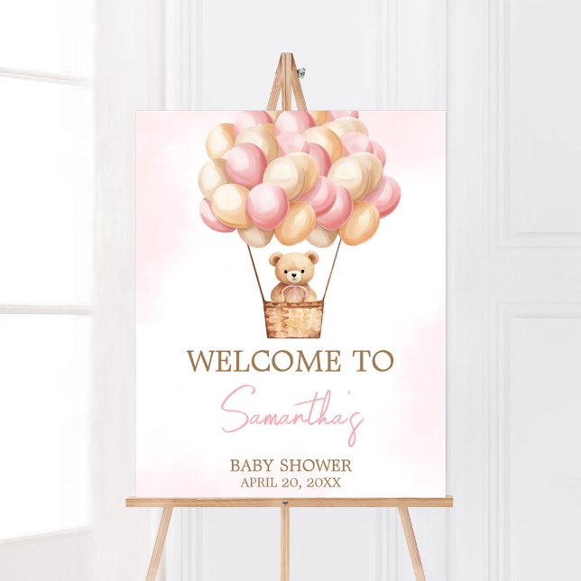 Välkommen till Barly Wait Rosa Luftballong Baby Poster (Girl Baby Bear Balloons Baby Shower Welcome Sign)