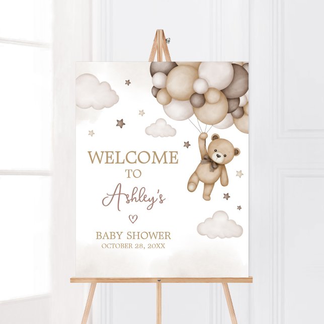 Välkommen till Bear Balloon Baby Shower Poster (Brown Boho Bear Baby Shower  Welcome Sign)