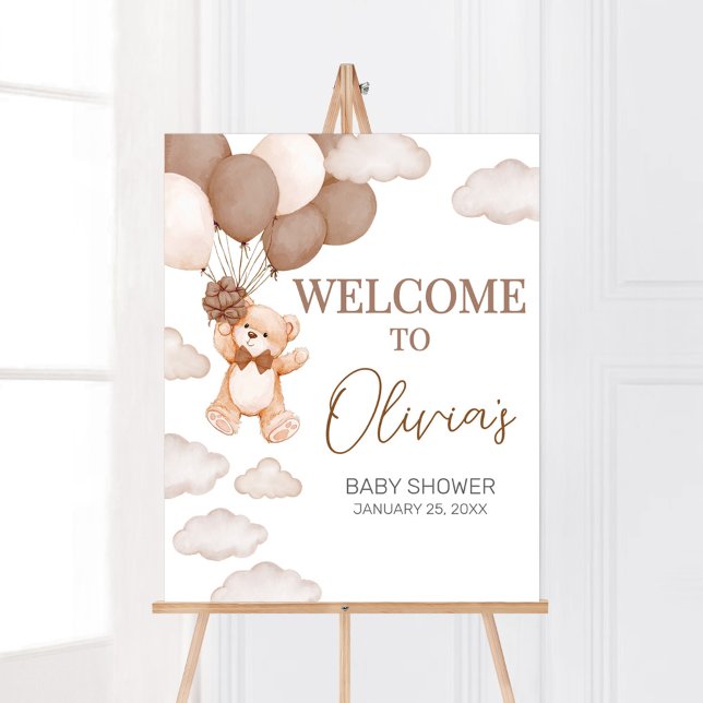 Välkommen till Bear Balloon Barly Wait Baby Shower Poster (Brown Baby Bear Balloon Baby Shower Welcome Sign)