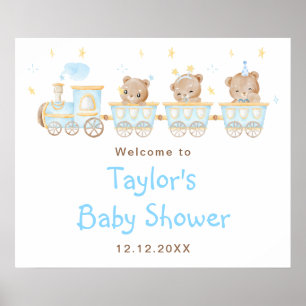Välkommen till Bear Blue Tåg Baby Shower Poster