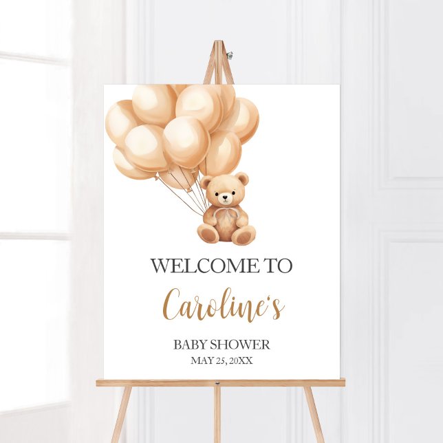 Välkommen till Bear Brown Balloon Baby Shower Poster (We Can Bearly Wait Baby Shower Welcome Sign)