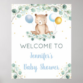 Välkommen till Bear Greenery Guld Blue Boy Baby Sh Poster