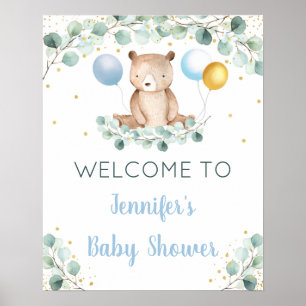 Välkommen till Bear Greenery Guld Blue Boy Baby Sh Poster