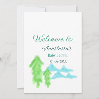 välkommen till bebisfest namn blå grön träd hill  inbjudningar