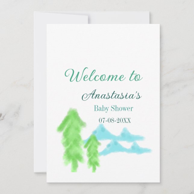 välkommen till bebisfest namn blå grön träd hill  inbjudningar (Framsida)