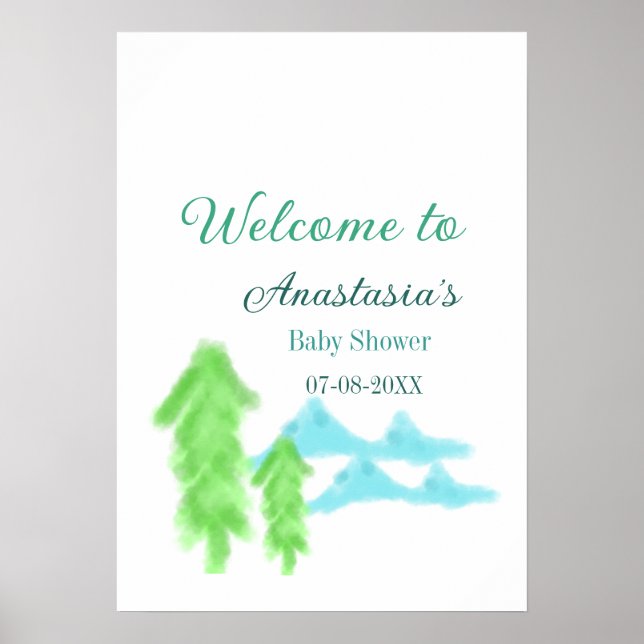 välkommen till bebisfest namn blå grön träd hill  poster (Framsidan)