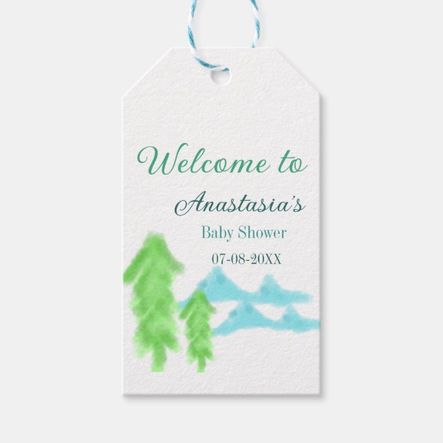 välkommen till bebisfest namn blå grön träd hill  presentetikett (Framsidan)