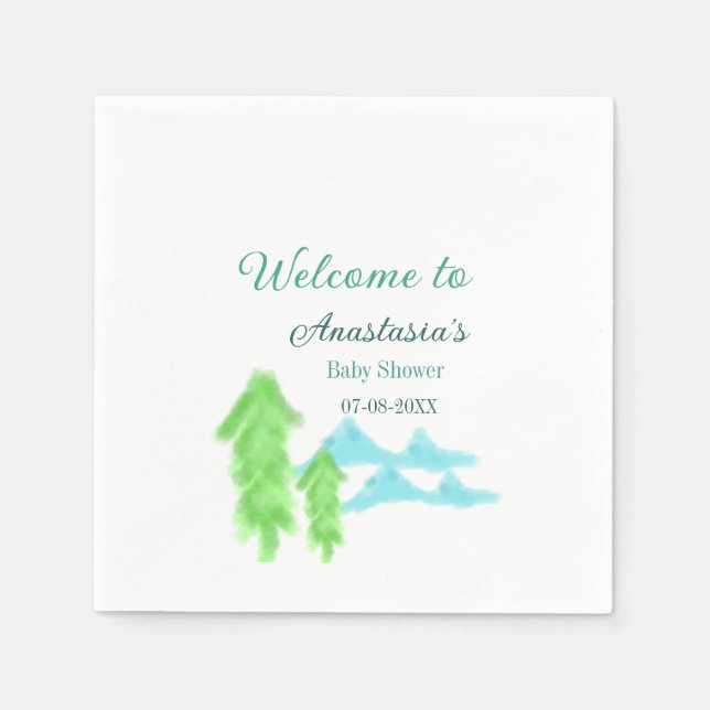 välkommen till bebisfest namn blå grön trädhög  pappersservett (Framsidan)