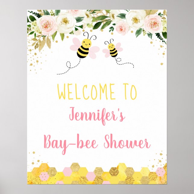 Välkommen till Bee Rosa Guld Blommigt Baby Shower Poster (Framsidan)