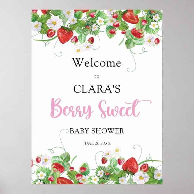 Välkommen till Berry Sweet Strawberry Baby Shower Poster (Framsidan)