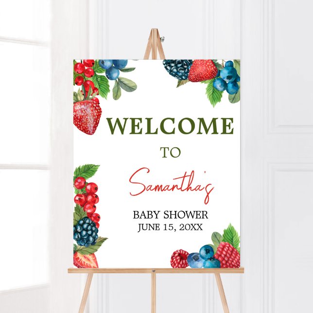 Välkommen till Berry Sweet Summer Baby Shower Poster (Red and Blue Berries Baby Shower Welcome Sign)