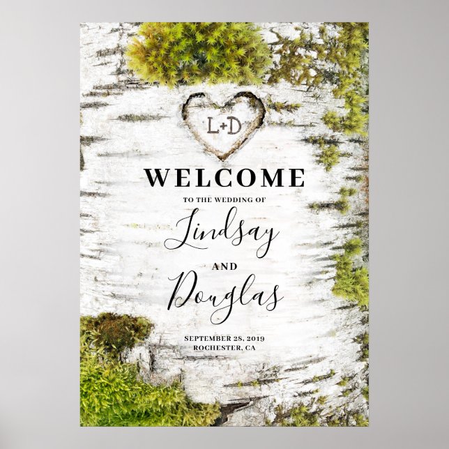 Välkommen till Birch Träd Heart Rustic Fall Weddin Poster (Framsidan)