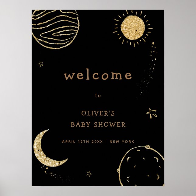 Välkommen till Black Guld Galaxy Rymden Baby Showe Poster (Framsidan)