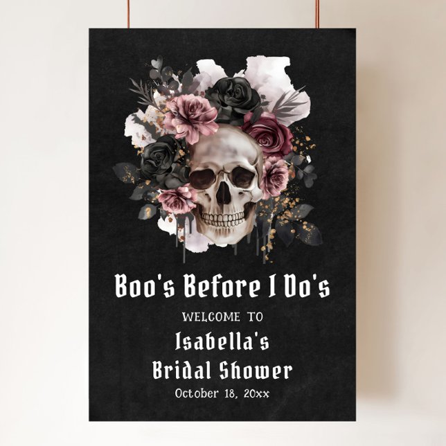 Välkommen till Black Halloween Blommigt Skull-Möhi Poster (Boo's Before I Do's Skull Bridal Shower Welcome Sign
)