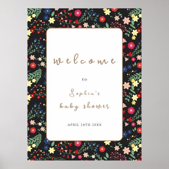 Välkommen till Black Wildblomma Ram Baby Shower Poster (Framsidan)
