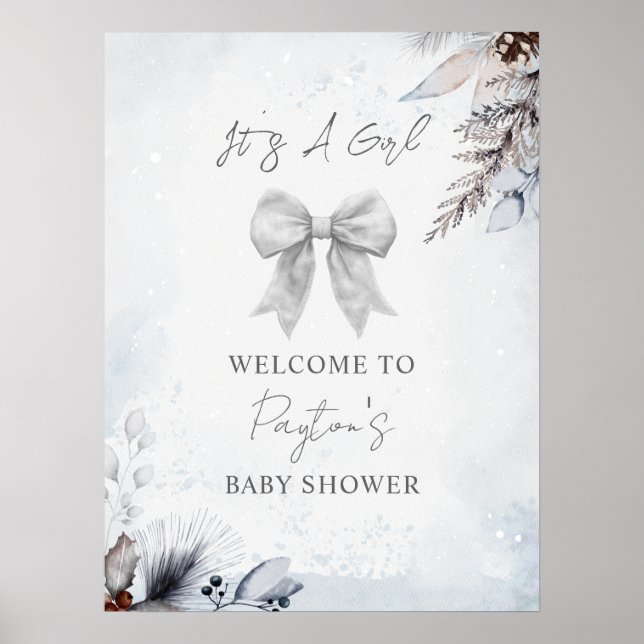 Välkommen till blommigt Bow Winter Girl Baby Showe Poster (Framsidan)