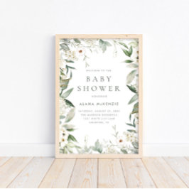 Välkommen till blommigt Grey Rustic Baby Shower Poster