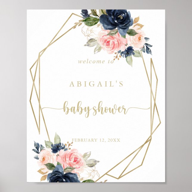 Välkommen till blommigt Guld Geometric Baby Shower Poster (Framsidan)