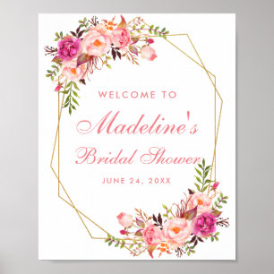 Välkommen till blommigt Rosa Möhippa Guld Välkomm Poster