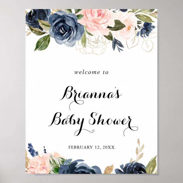 Välkommen till Blommigten Baby Shower för elegant  Poster (Framsidan)