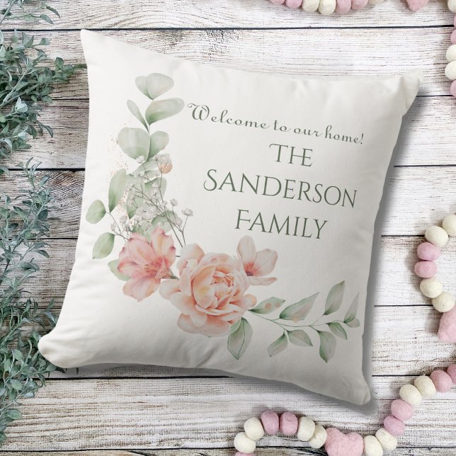 Välkommen till Blommigtens vattenfärg i Namn-famil Kudde (Welcome to Our Home Family Name Summer Porch Decor Outdoor Pillow)
