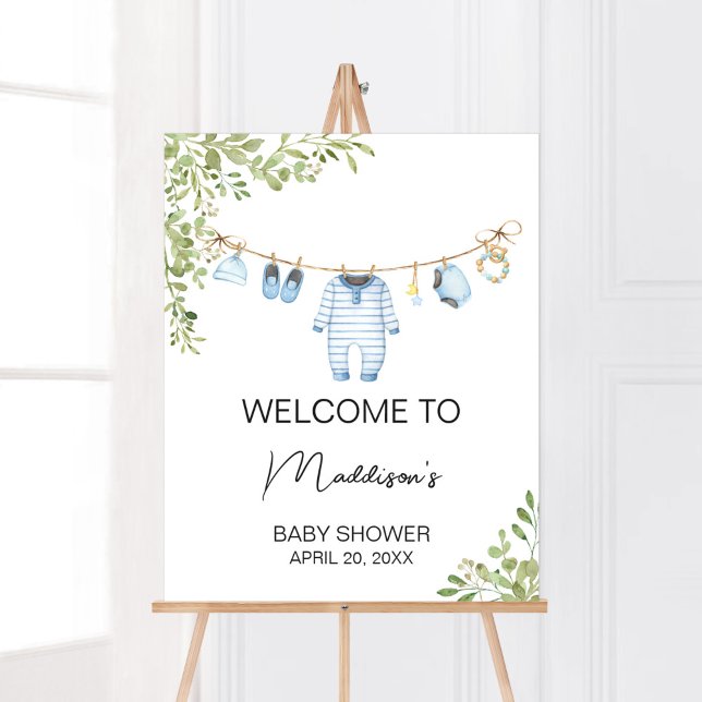 Välkommen till Blue Barnkläders Baby Shower Poster (Boho Baby Clothes Baby Shower Welcome Sign)
