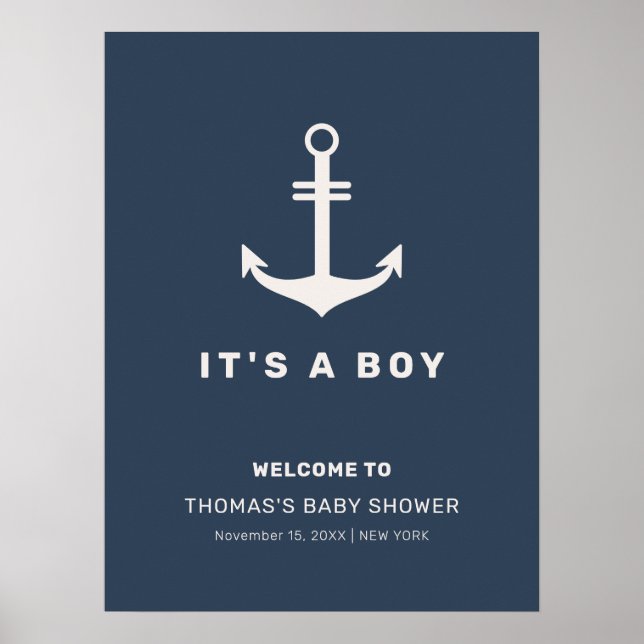 Välkommen till Blue Beige Nautical Anchor Baby Sho Poster (Framsidan)