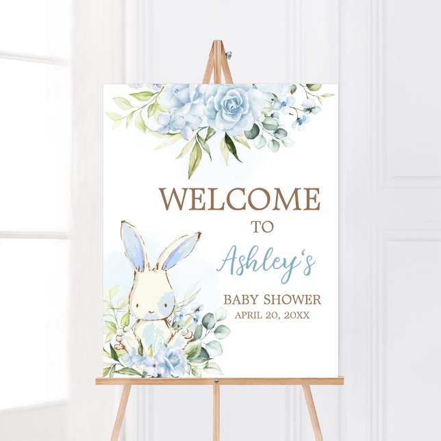 Välkommen till Blue Blommigt Bunny Rabbit Baby Sho Poster (A Little Bunny Boy Baby Shower Welcome Sign)