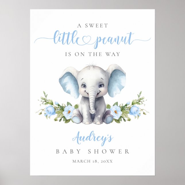 Välkommen till Blue Blommigt Elephant Pojke Shower Poster (Framsidan)