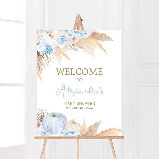 Välkommen till Blue Boho Pumpkin Baby Shower Poster (Boy Little Pumpkin Baby Shower Welcome Sign)