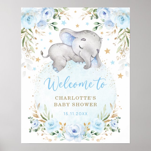 Välkommen till Blue Guld Blommigt Elephant Boy Bab Poster (Framsidan)