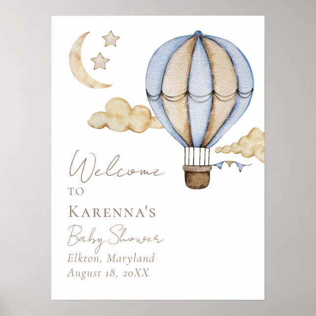Välkommen till Blue Luftballong White Baby Shower Poster (Framsidan)