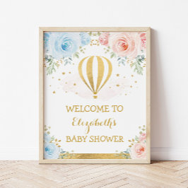 Välkommen till Blue Rosa Luftballong Baby Shower Poster