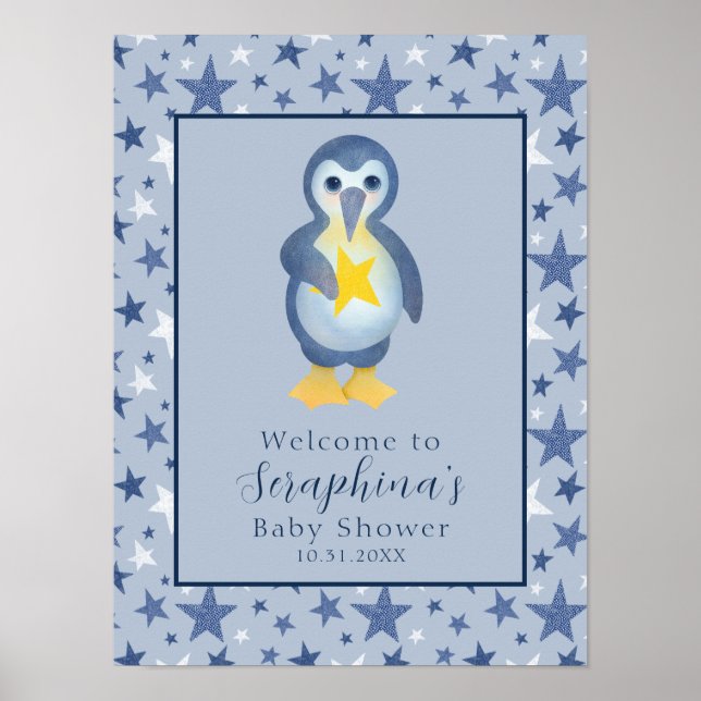 Välkommen till Blue Winter Star Penguin Baby Showe Poster (Framsidan)