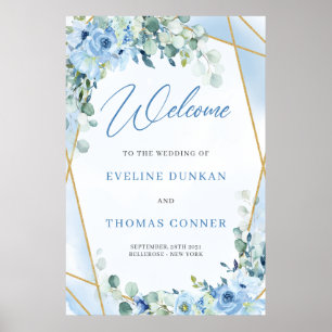 Välkommen till Boho Dusty Blue Blommigt guld ram B Poster