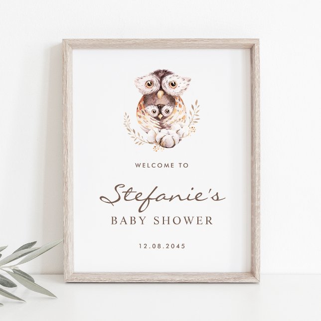 Välkommen till Boho Mamma och Baby Uggla Baby Show Poster (Woodland theme baby shower welcome sign featuring watercolor mommy and baby owl. )