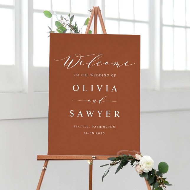 Välkommen till Boho Minimalist Script Terracotta B Poster (Customizable boho terracotta script wedding welcome sign)