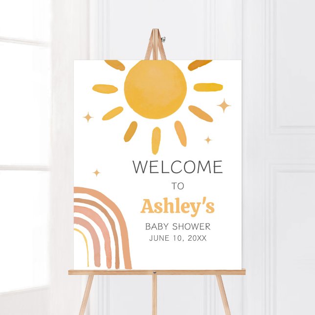 Välkommen till Boho Retro Sunshine Baby Shower Poster (Here Comes the Sun Baby Shower Welcome Sign)