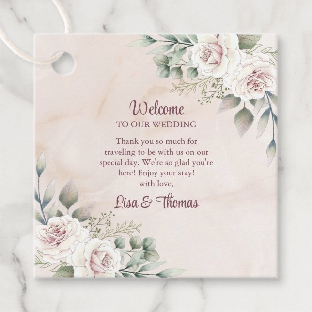 Välkommen till Boho  Rosa ros Bröllop Gåvor Etiketter (Framsida)