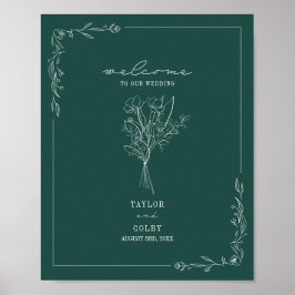Välkommen till Bouquet Line Art Emerald Bröllop Poster