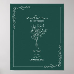 Välkommen till Bouquet Line Art Emerald Bröllop Poster
