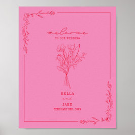 Välkommen till Bouquet Line Art Rosa Red Bröllop Poster