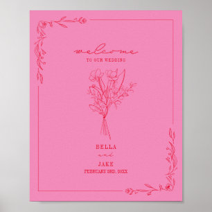 Välkommen till Bouquet Line Art Rosa Red Bröllop Poster