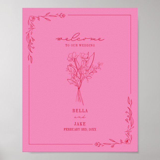 Välkommen till Bouquet Line Art Rosa Red Bröllop Poster (Framsidan)